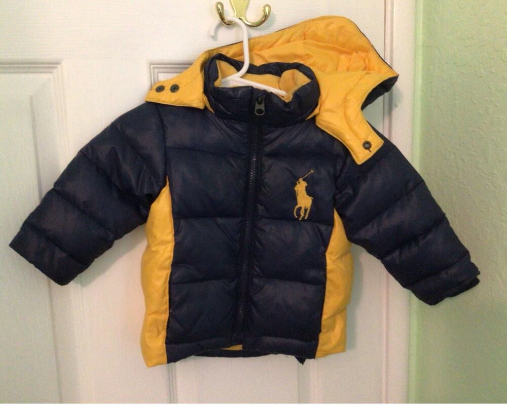 Polo Ralph Lauren Baby Down Coat Jacket removable hood Size 12 months Large PONY